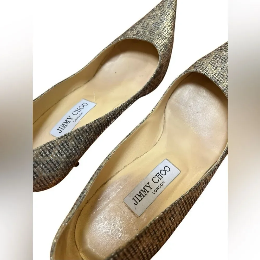 Jimmy Choo Leopard Glitter Pointed Toe Gold Heels Pumps Italy Made 39 1/2 9.5